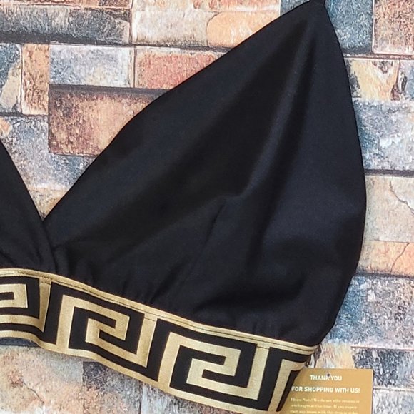 Geo Gold Trim Spaghetti Strap Crop Top Black Bralette - Elevate Your Style - Picture 3 of 9